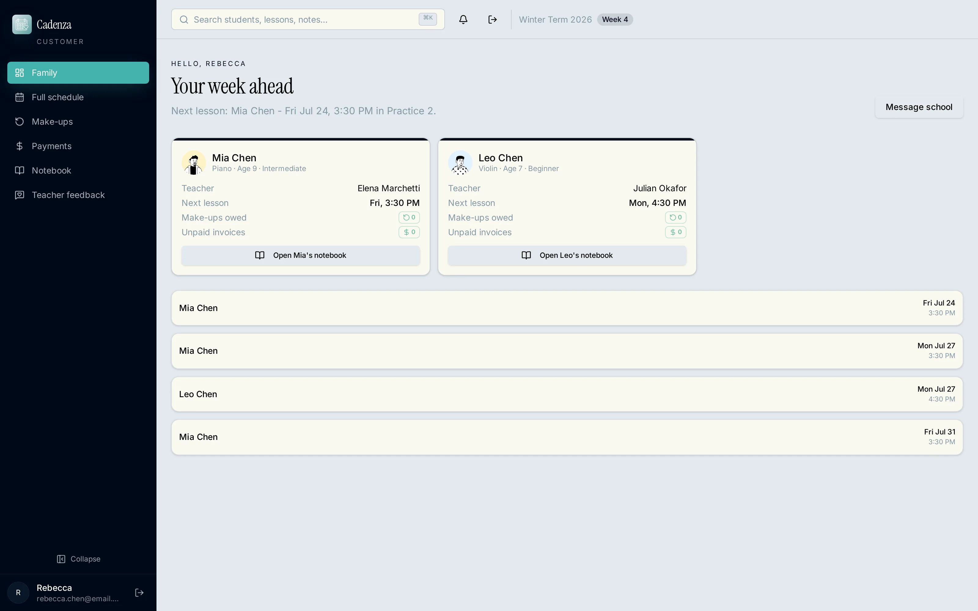 Cadenza client portal showing upcoming appointments and invoices